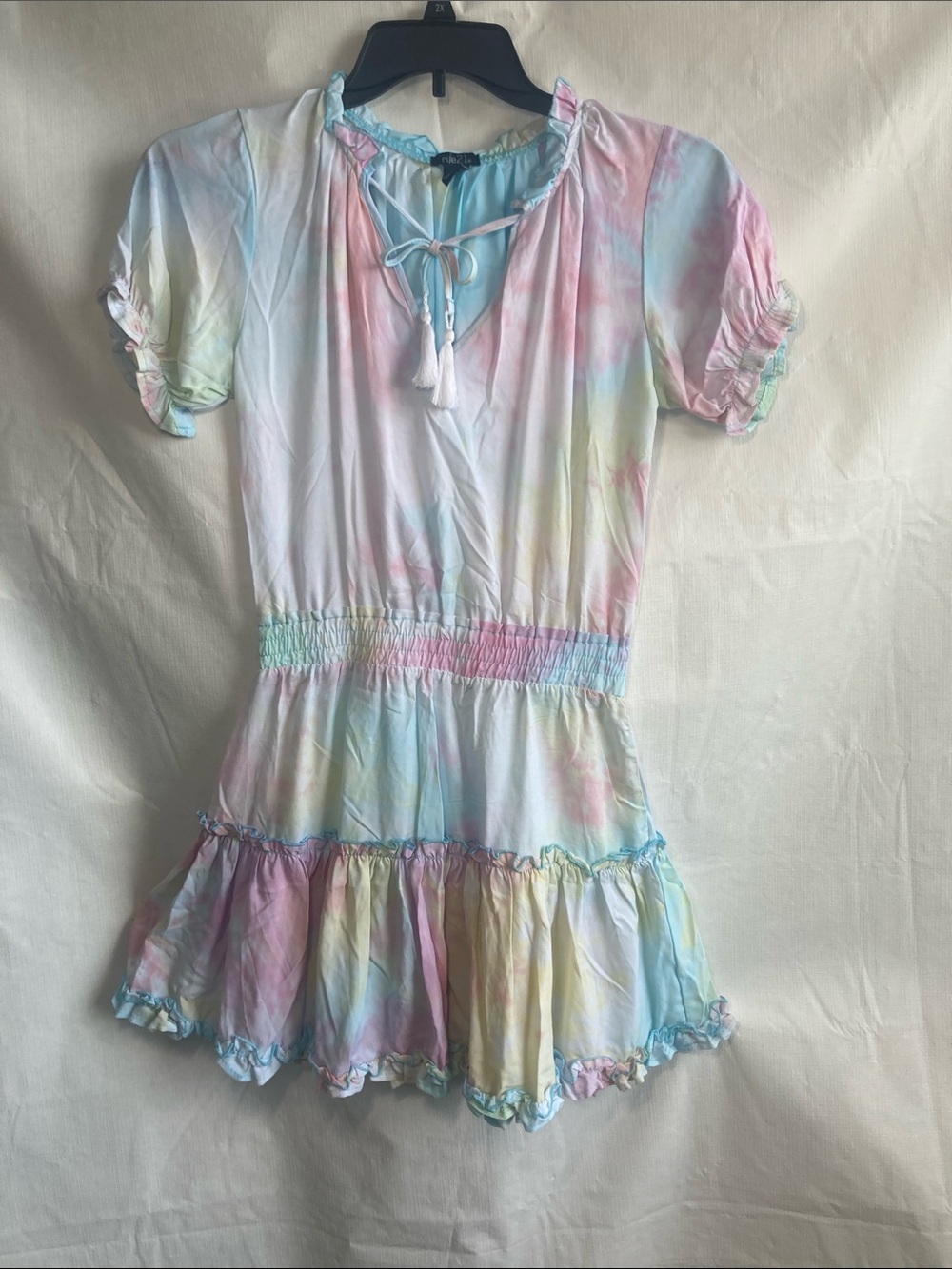 Rue21 dress puff sleeve pastel tie dye w tassel tie boho festival western S jrs - Picture 10 of 17